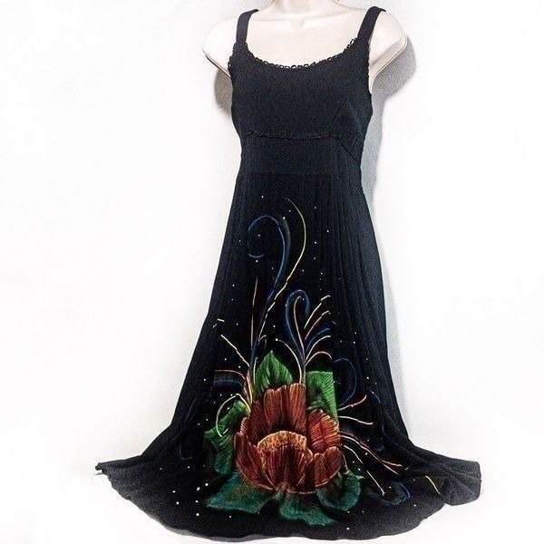 VTG Moda Brasil Black Smocked Sundress Hand Painted Made in Brazil Sz M