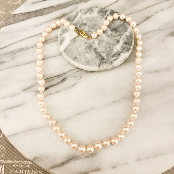 Vintage Pink Pearl Necklace Simulated Faux Beads Single Strand Gold Tone Clasp