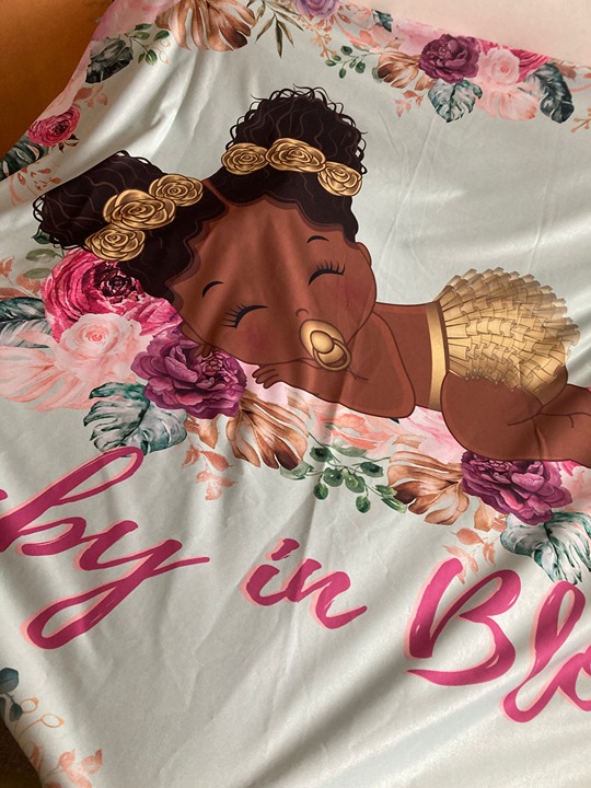 Baby in Bloom Afro Baby Girl Baby Shower BUNDLE= Backdrop, Plates & Welcome Sign