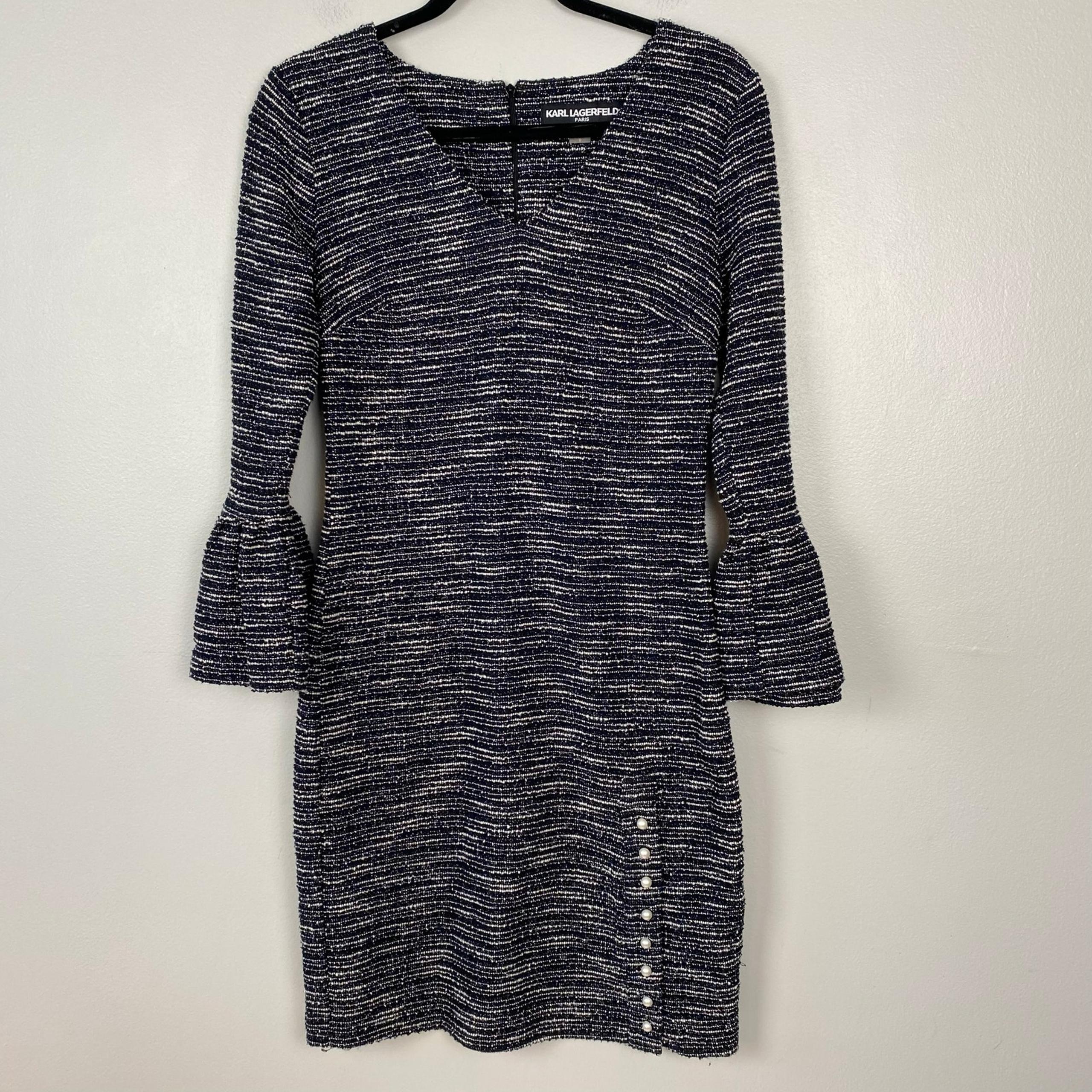Karl Lagerfeld Tweed Sheath Dress Bell Sleeve Pearl Button Slit Black Size 0