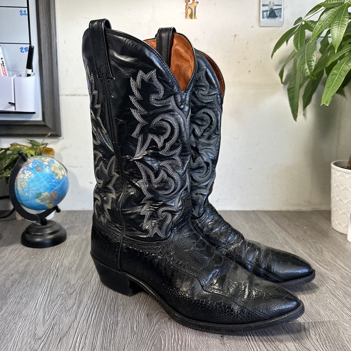 Vintage J Chisholm Exotic Ostrich Leg Cowboy Boots 12 D Classic Black USA Made