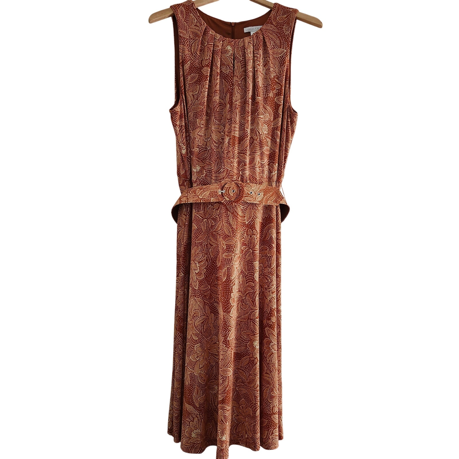 London Times Orange Pleated Belted Sleeveless Midi Dress NWOT Size 14