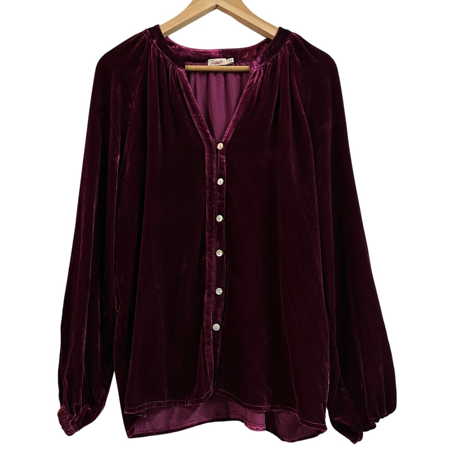 Faherty Naomi Velvet Split V-Neck Button Down Shirt in Burgundy Women's Medium