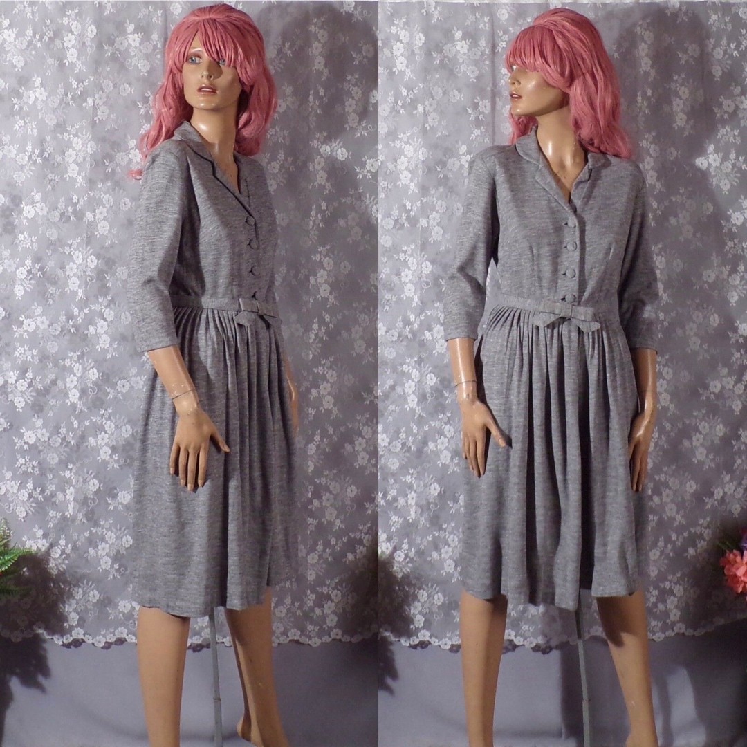 Vintage 60s Dress 1960s Knit Heather Gray Shirtwaist Pinup Rockabilly Size Small