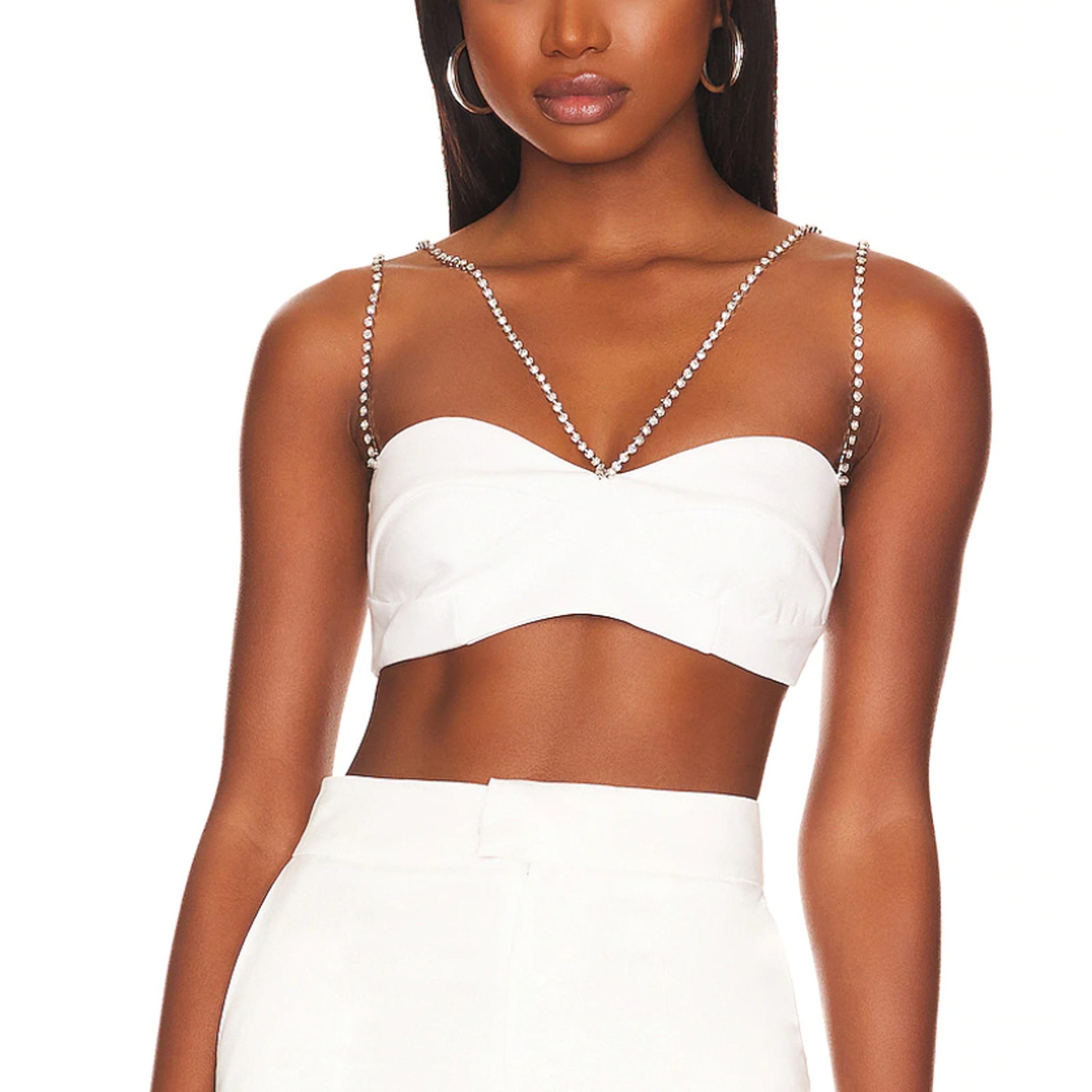 White Bandeau Crop Top Rhinestone Straps XL Bralette Stretch Lilah $128 NEW - NBD
