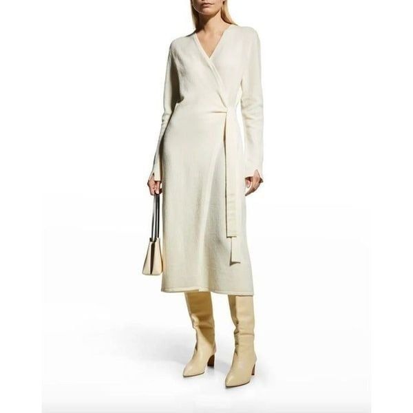 Rag & Bone Celia Wool Blend Long Sleeve Faux Wrap Dress Ivory Womens Size Medium