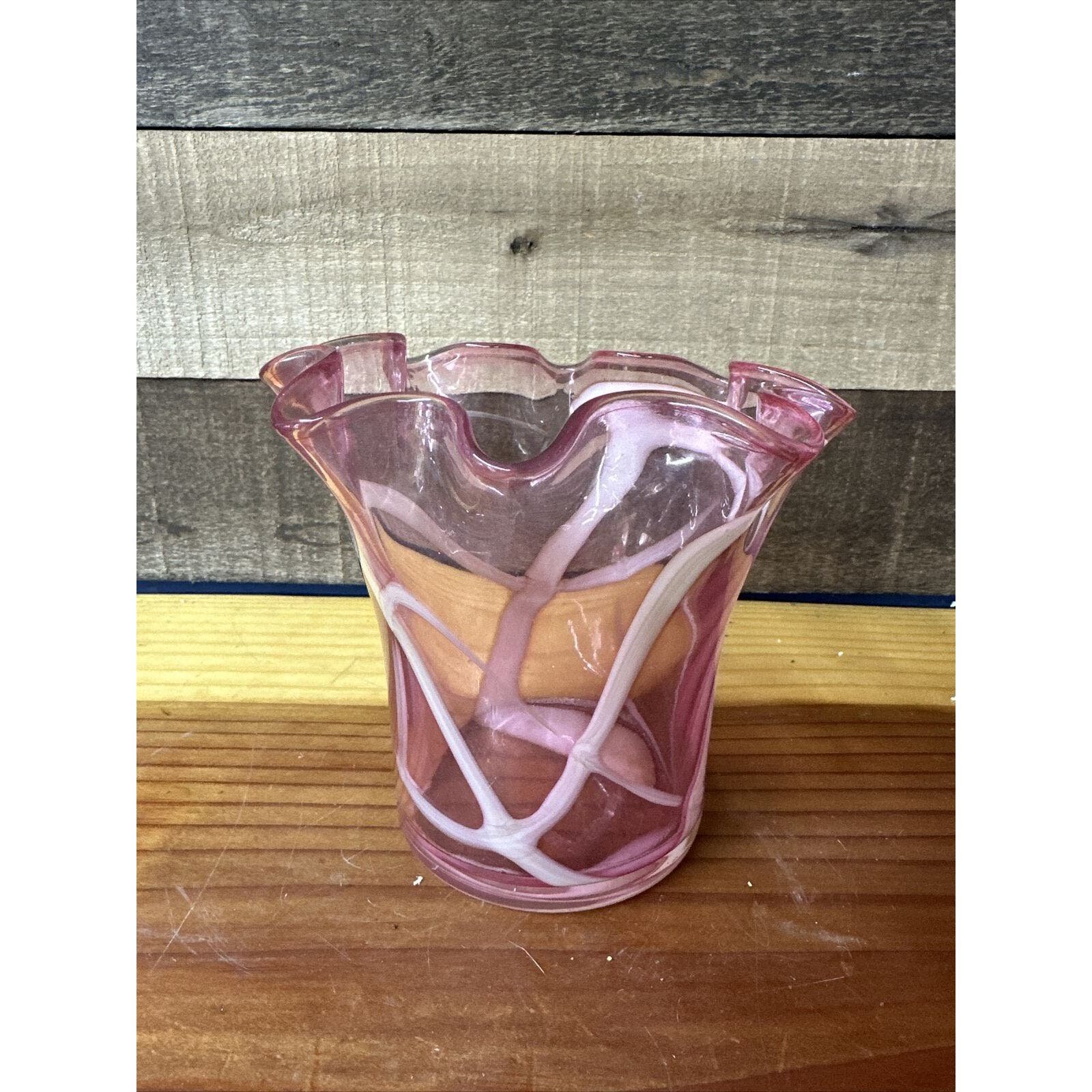 Blown Art Glass Pink White Handkerchief Tulip Vase 5” Tall