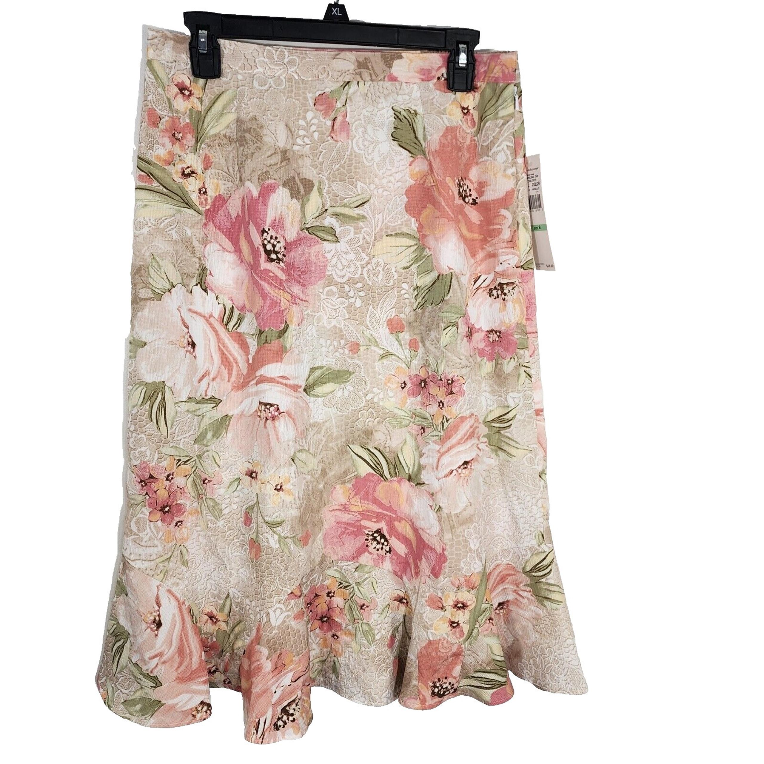 Alfred Dunner Womens Midi Skirt Size 8 Gauzy Pink Tan Floral Ruffled A Line Zip