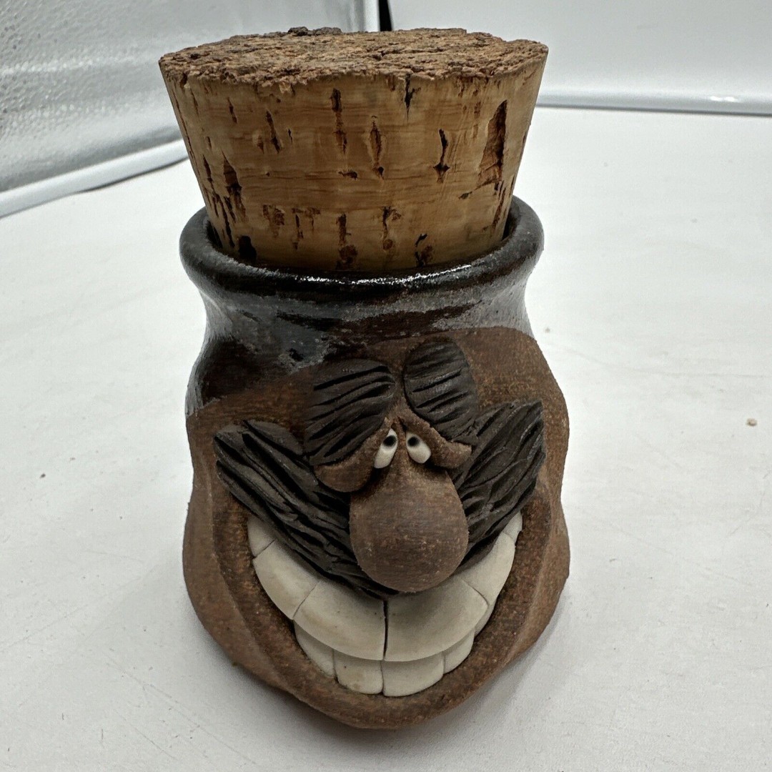 Vintage Stoneware Ugly Funny Face Pottery Jar Big Grin With Cork 3.5