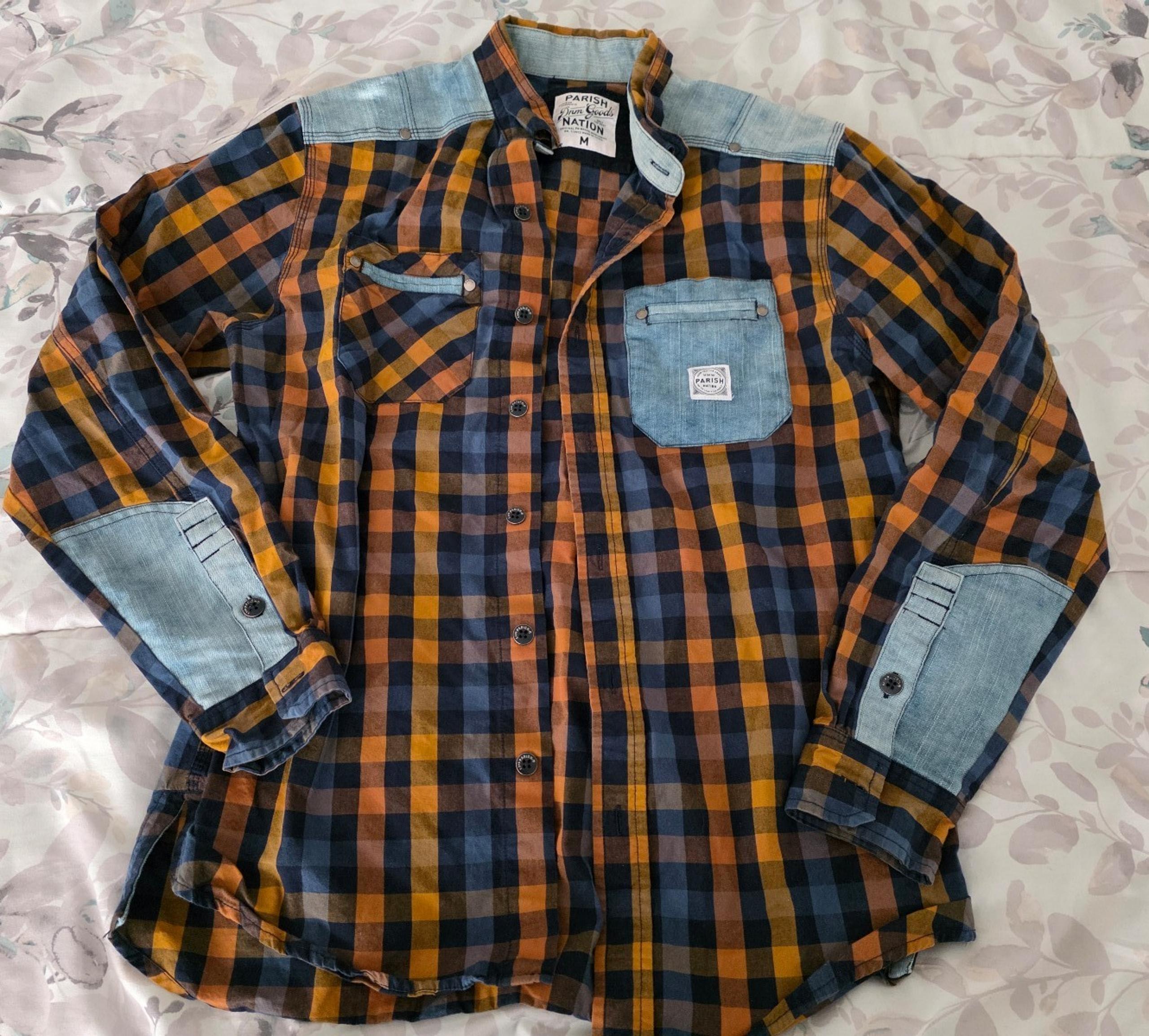 Parish Nation Button Down Plaid Shirt with Denim Size Medium Mens