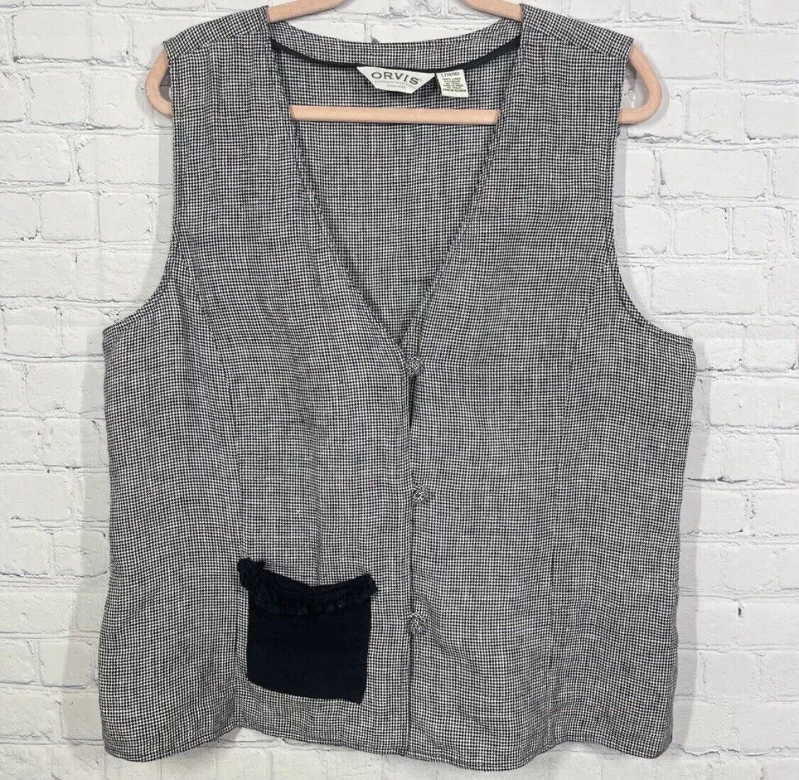 Vintage Orvis Vest Womens Large 14/16 100% Linen Plaid Check Black White Jacket