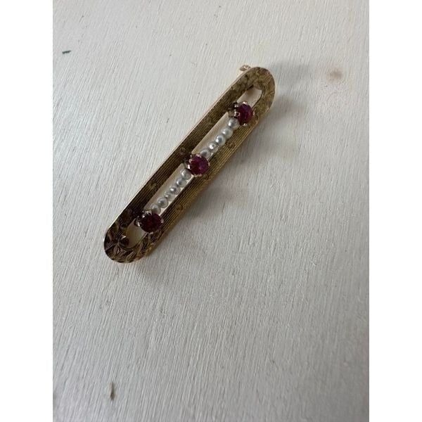 Antique 10k Brooch With Seed Pearl And Rubies