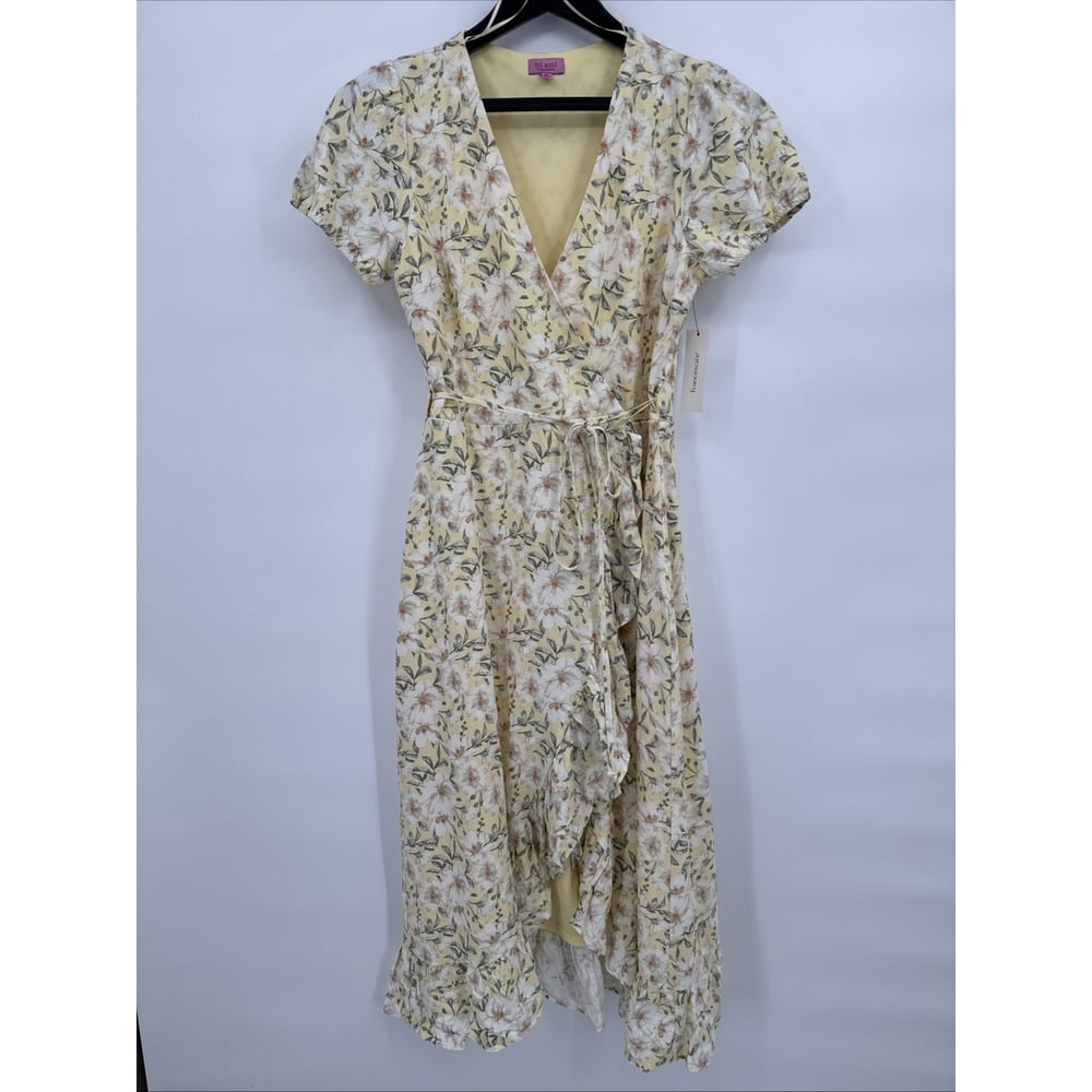 Mi ami Francescas Dress Medium Floral Midi Wrap Ruffle Linen Peasant Cottage