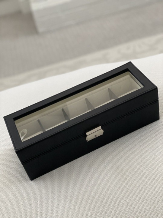 Watch Box 5 Slots Faux Leather Glass Case Organizer Storage