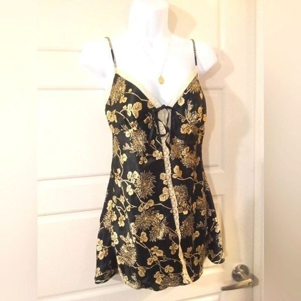 Victoria's Secret Black and Gold Slip Dress Nightgown with Lace Detail