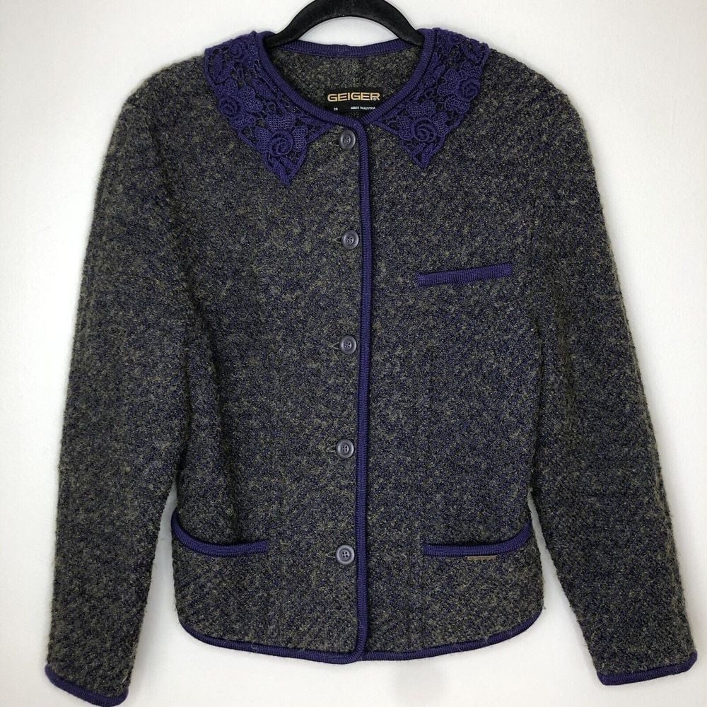 Geiger Women's 38 Green Purple Wool Mohair Blend Button Front Cardigan Sweater