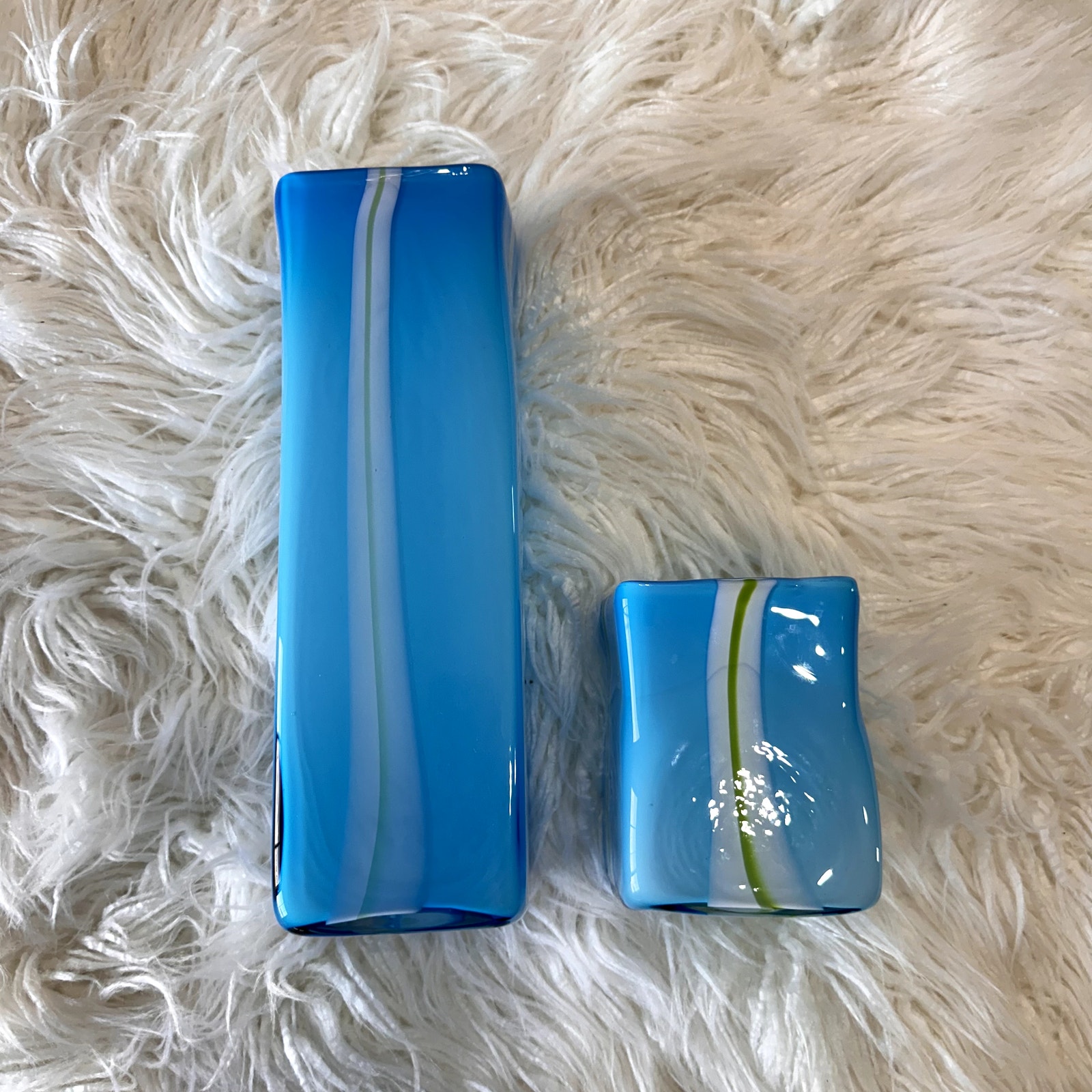 Set of 2 Vintage Aqua White & Green Taffy Stripe Square Glass Vase