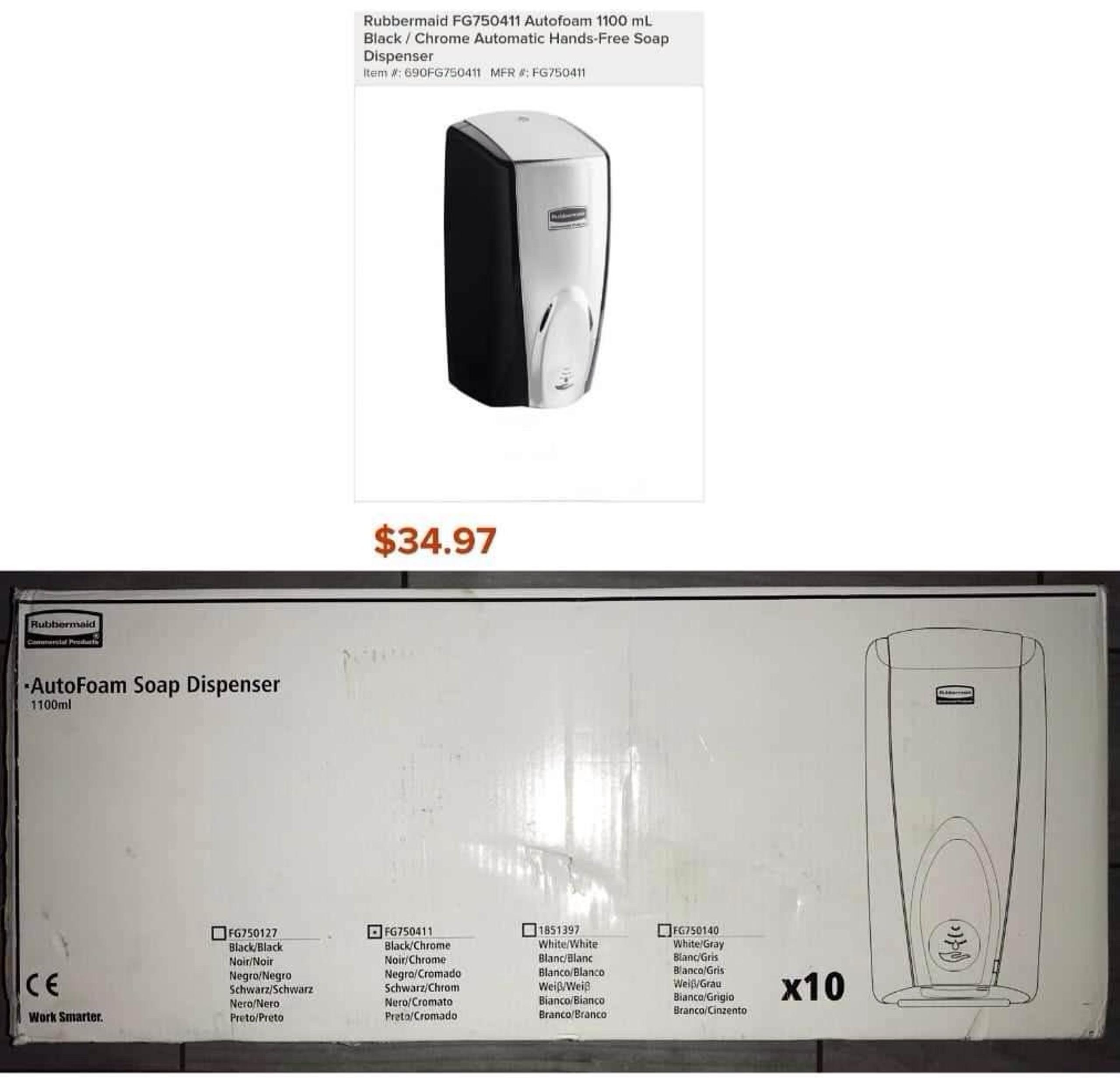 BOX OF 10 RUBBERMAID 1100ml AUTOFOAM AUTOMATIC SOAP DISPENSERS. (make a offer)
