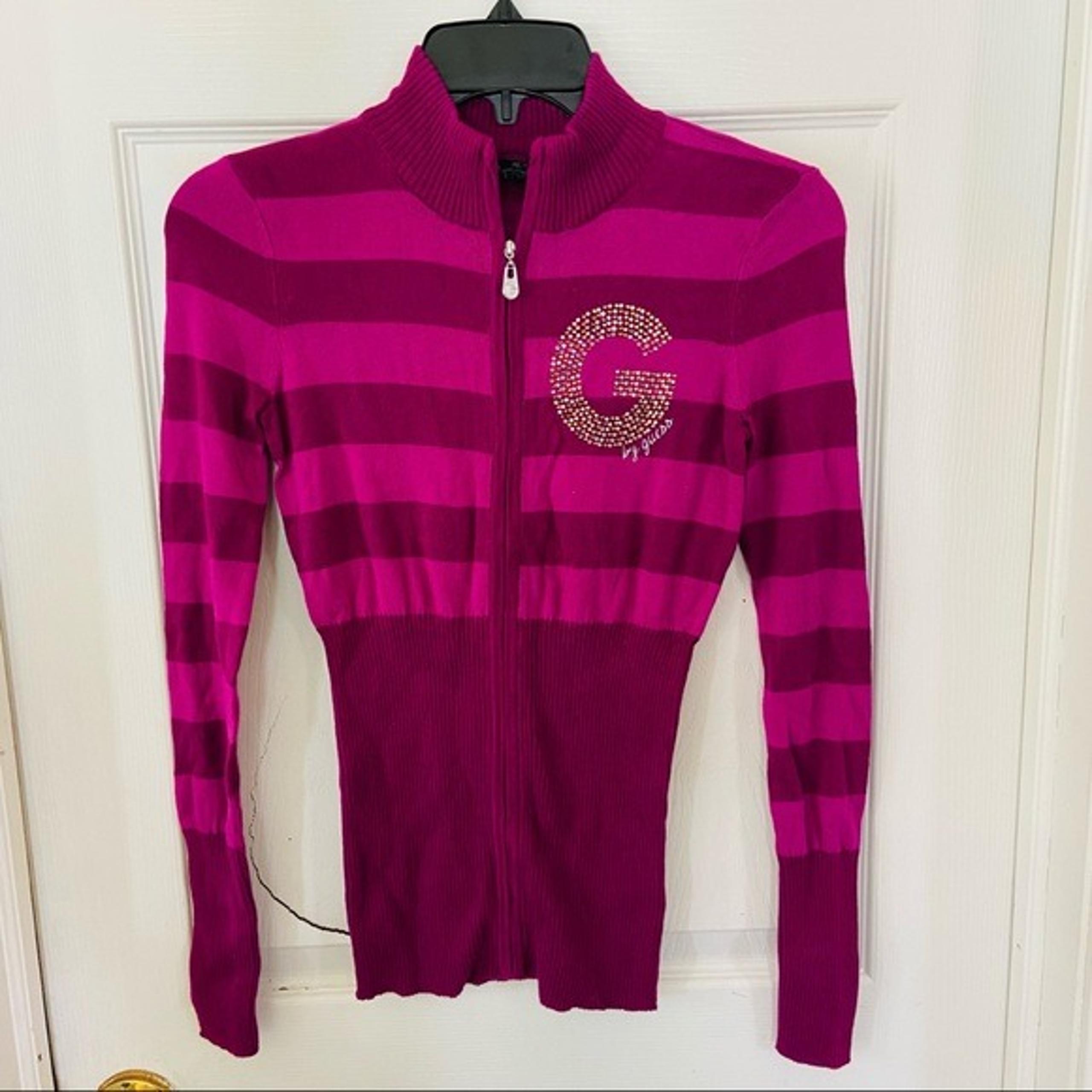 NWOT G BY GUESS purple striped zip up jeweled studded cotton sweater size XS