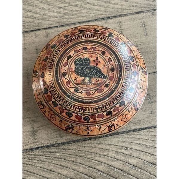 Handmade 700 BC Ancient Greek Round Dresser Box with Lid Owl in Center Brown