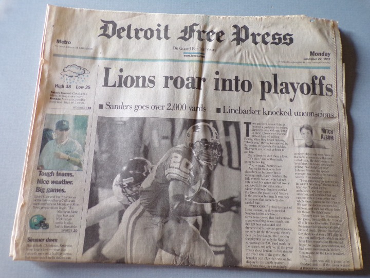 Detroit Lions Roar Into Playoffs Newspaper Barry Sanders 1997 Free Press