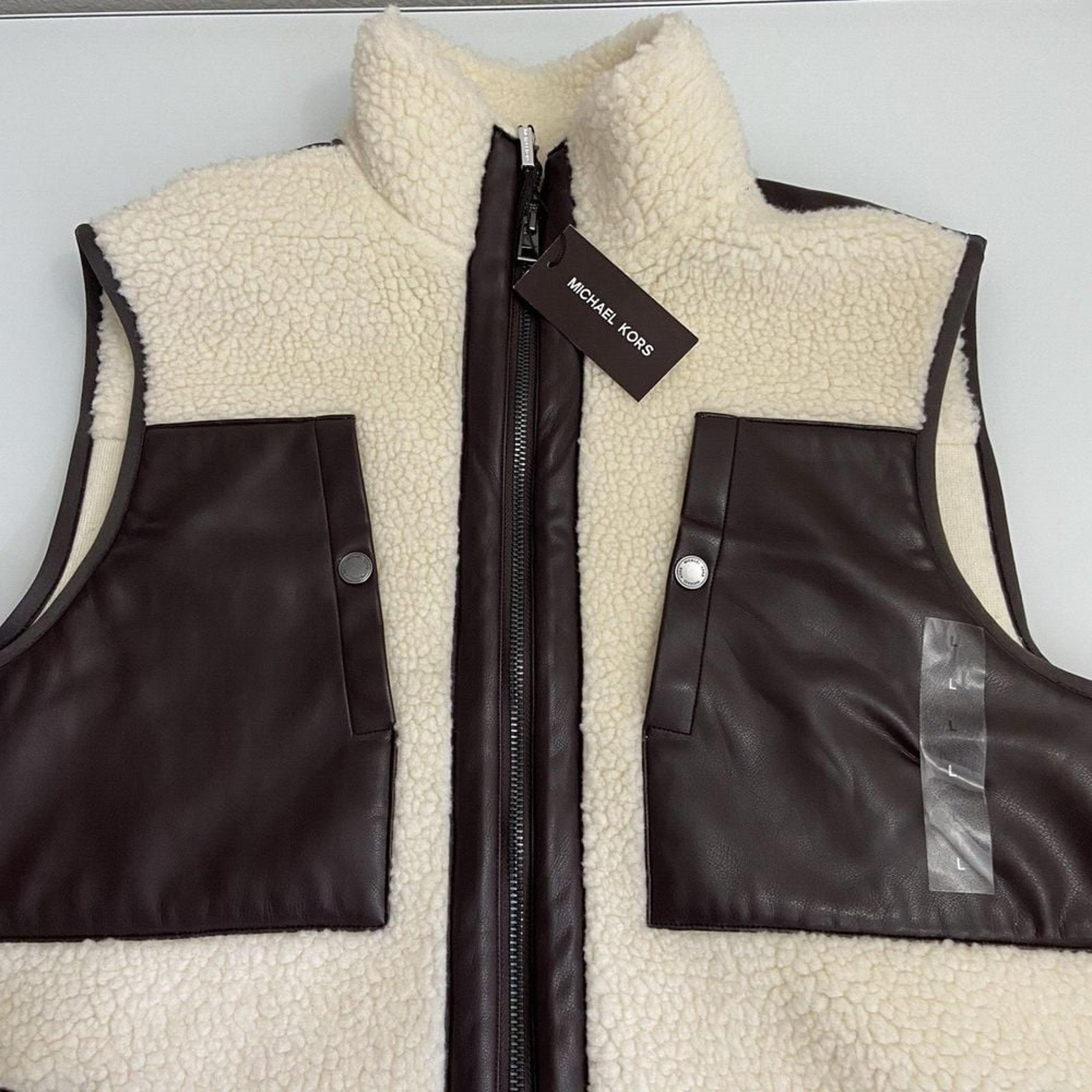 Michael Kors Men's size L Sherpa Full Zip Vest Bone/Brown NWT