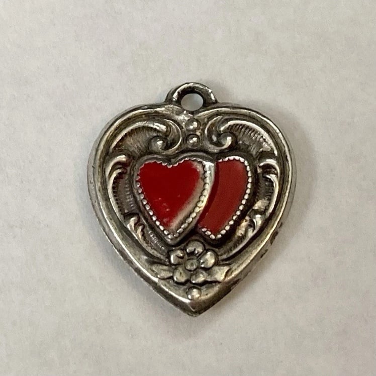 Antique Sterling Silver Red Enamel Double Heart Charm