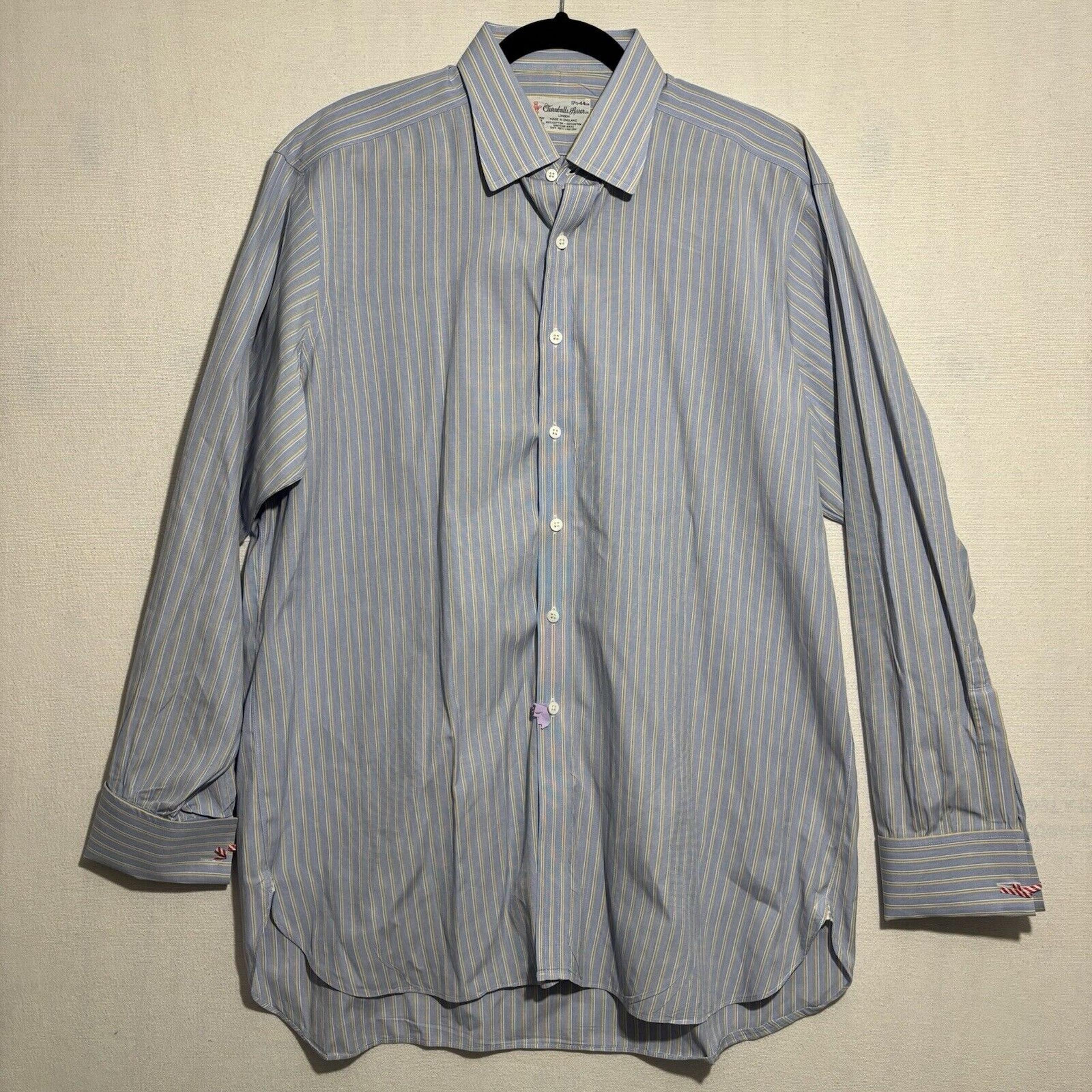 Turnbull & Asser Shirt Mens 17.5 - 44cm Blue White Yellow Striped French Cuff