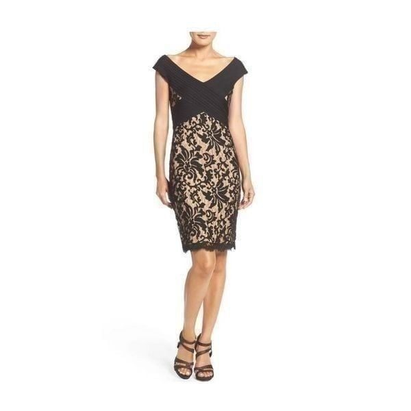 Tadashi Shoji Black Lace Nude Lined knee length Cocktail Party Sheath Dress 4P