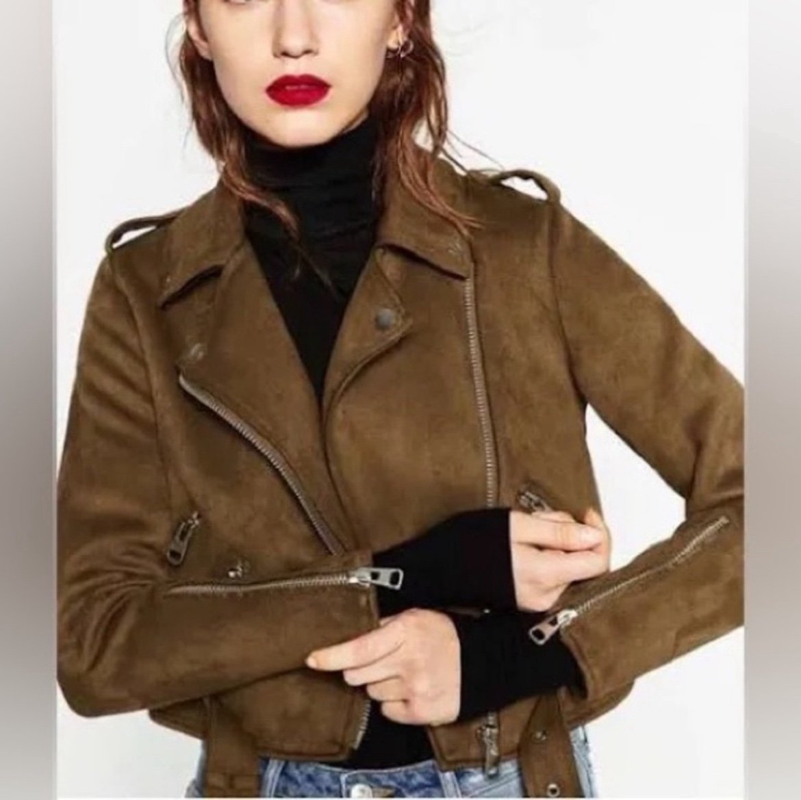Zara Suede Brown Biker Jacket S