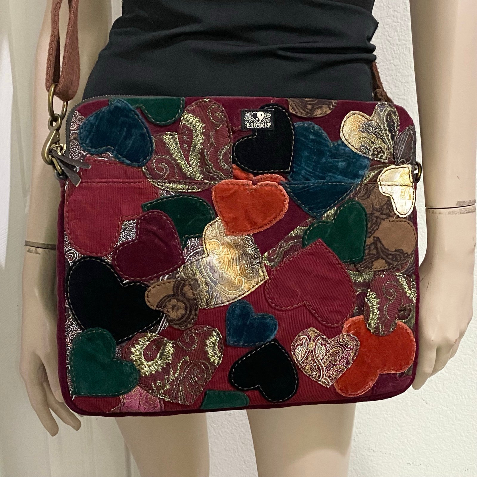 LUCKY BRAND Red Multi Hearts Patchwork Corduroy Velour Laptop Messenger Bag Set
