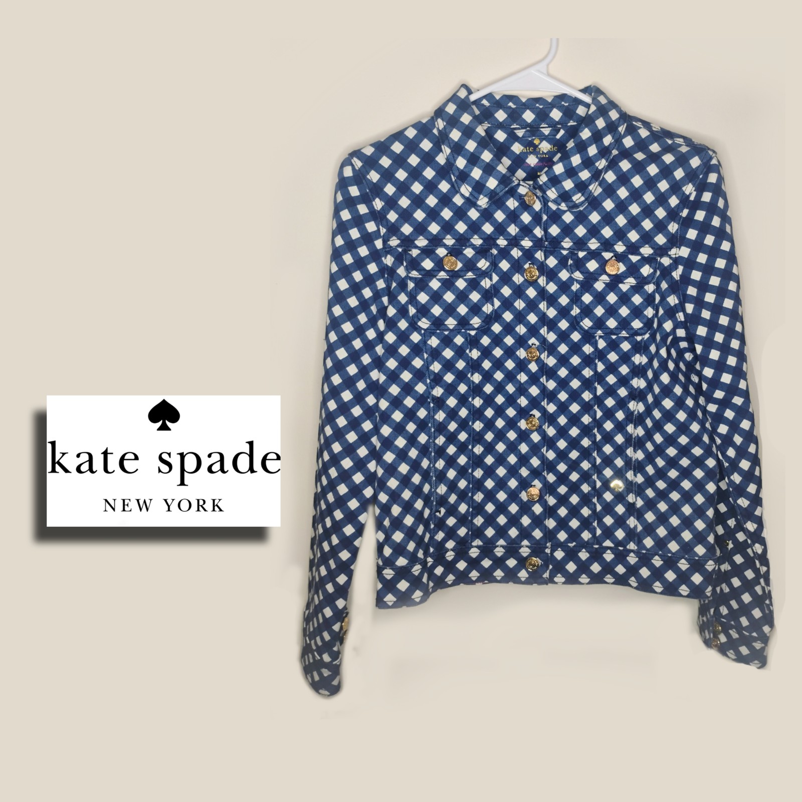 Kate Spade Broome Street Gingham Denim Jacket Navy White Check Pattern NWOT