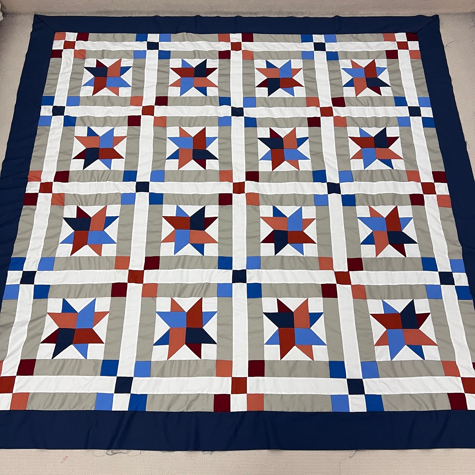 Handmade American Heartland stars Patchwork Cotton Quilt Top/Topper 86x86”