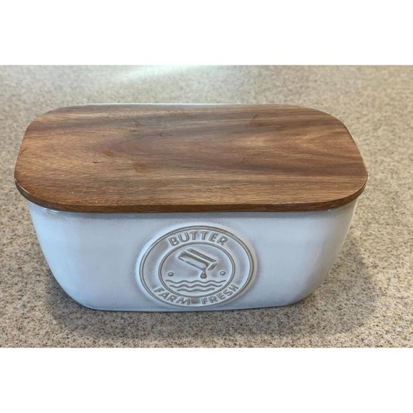 6.5”x4” Large Ceramic Butter Dish with Acacia Lid for Countertop Kitchen Decor
