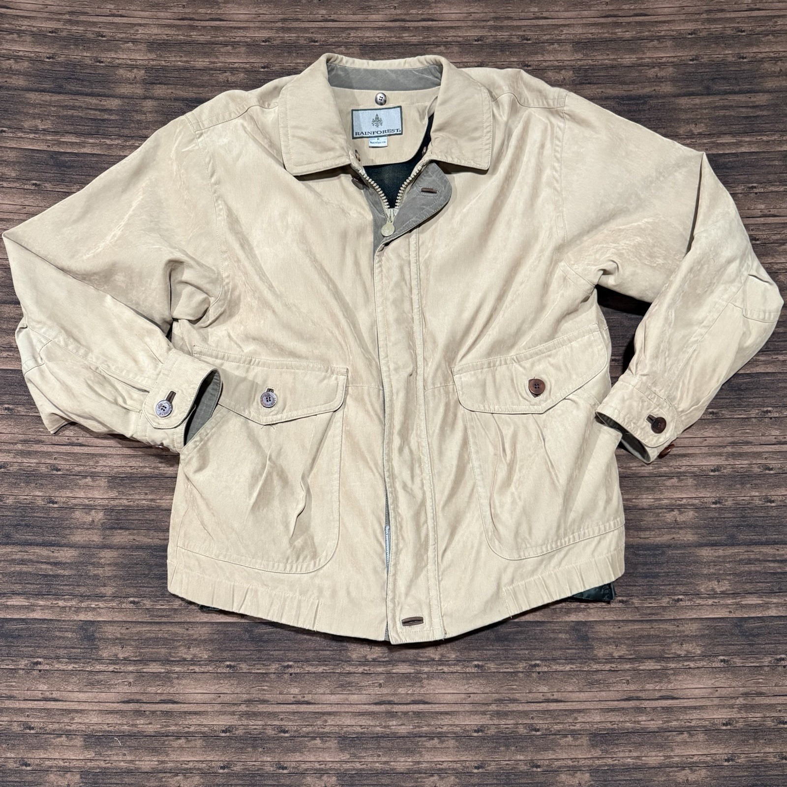 VTG Rainforest Jacket Mens Medium Collared Lined Green Insulated Chore Bomber M