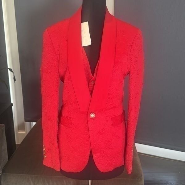 Men’s Slim Fit Red Floral 3 Piece Prom Party Tuxedo Suit Size 32 Jacket 29 Pants