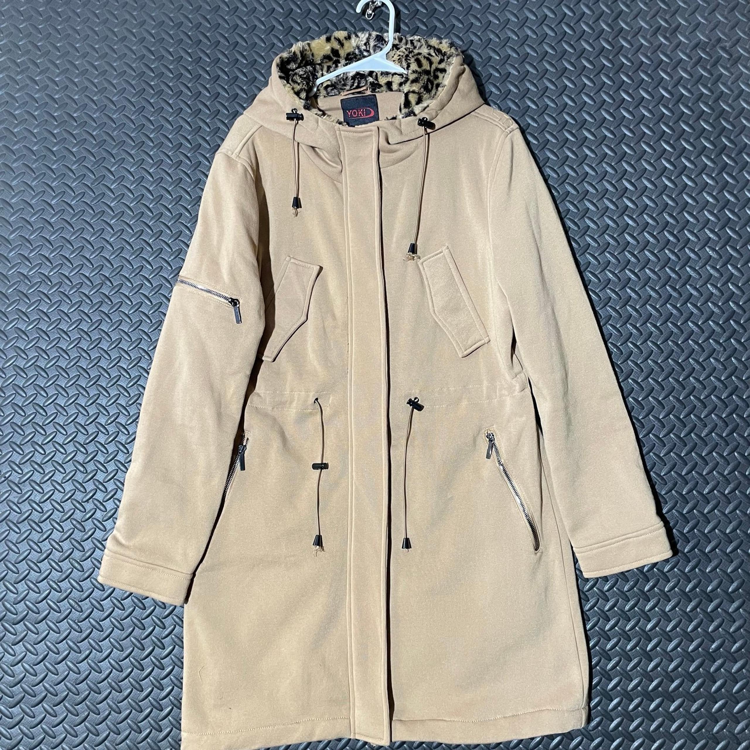Vintage Brown Hooded Cheetah Print Fur Pea Coat Jacket Women's Size XL - Yoki