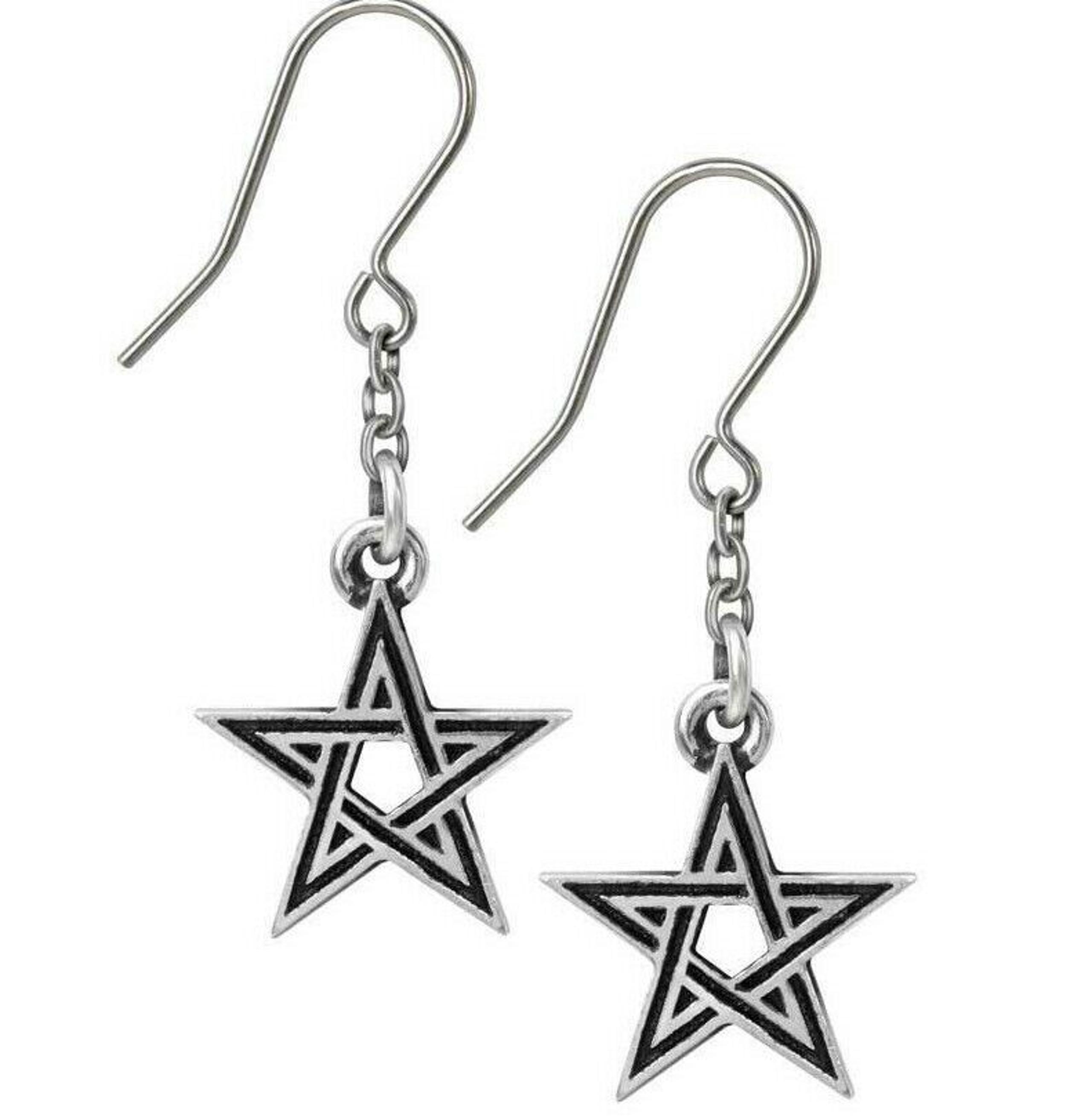 Alchemy Gothic Black Star Earrings Woven Wiccan Pentagrams Surg Steel Hooks E395