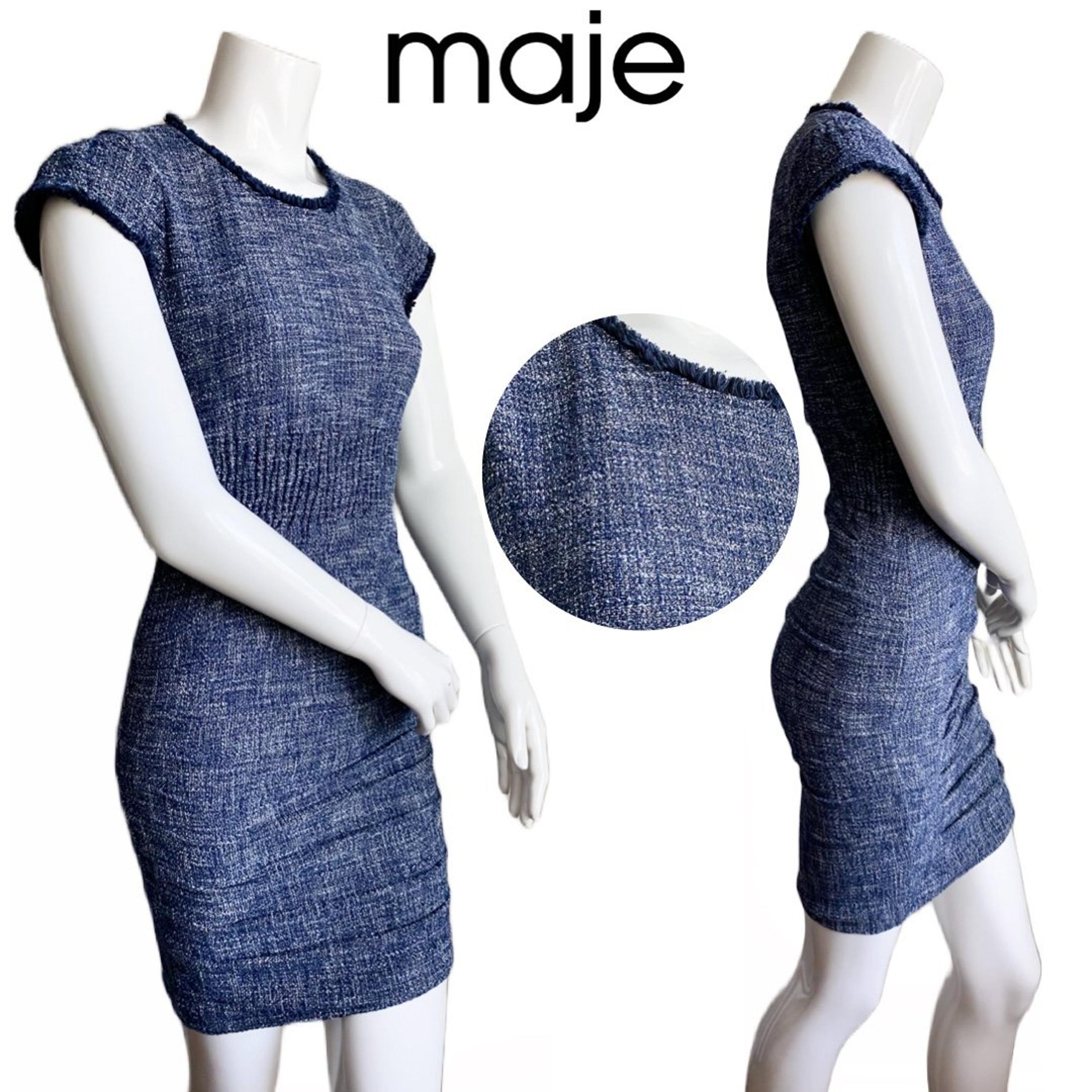 $445! MAJE Tweed Boucle Dress Short Sleeve Sheath Cinched Bodycon Classic Fringe