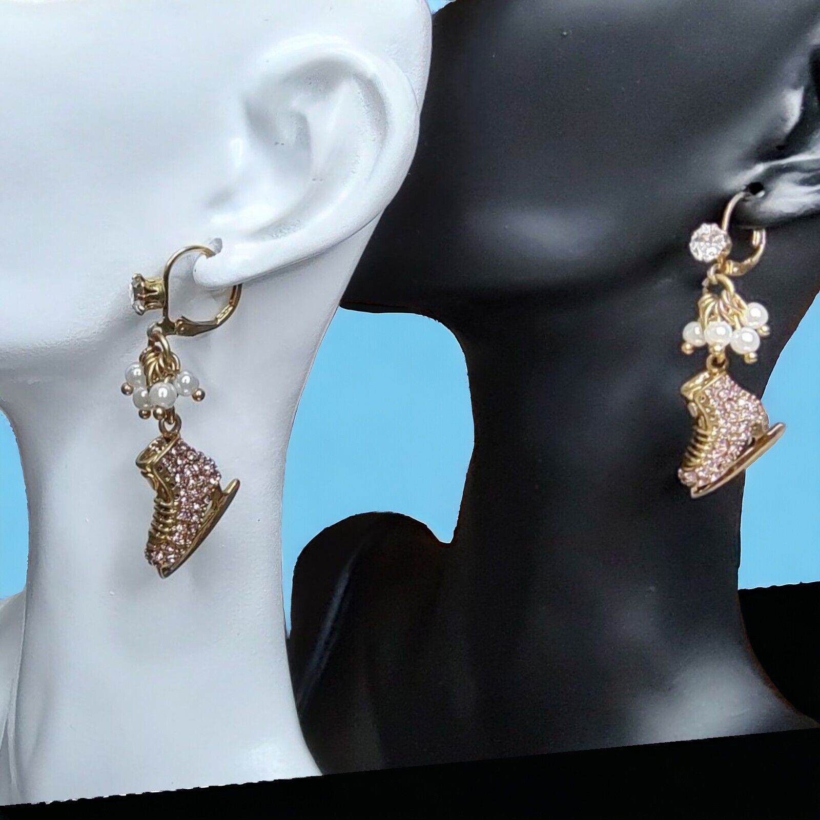 NEW Betsey Johnson Vintage Winter Glam Pink Crystal Ice Skates Holiday Earrings