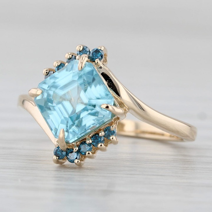2.58ctw Blue Zircon Blue Diamond Bypass Ring 10k Yellow Gold Size 5