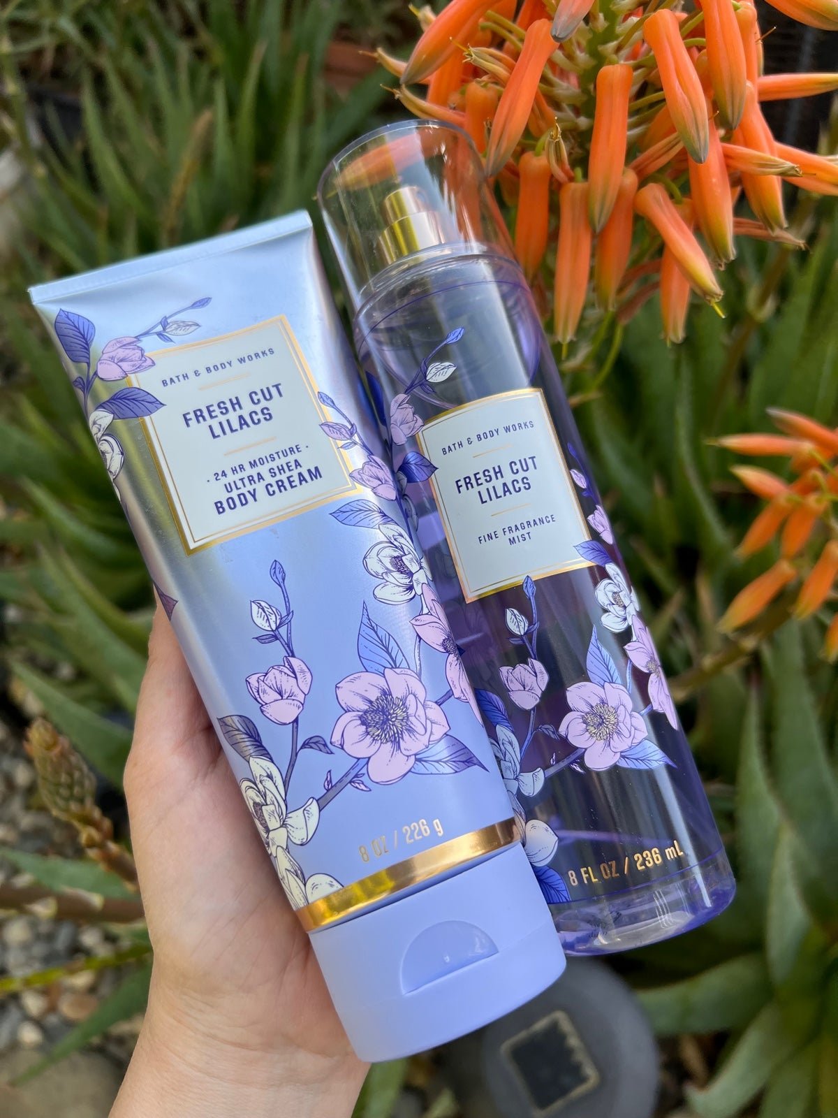 Bath & Body Works Fresh Cut Lilacs fragrance mist and body cream set BBW