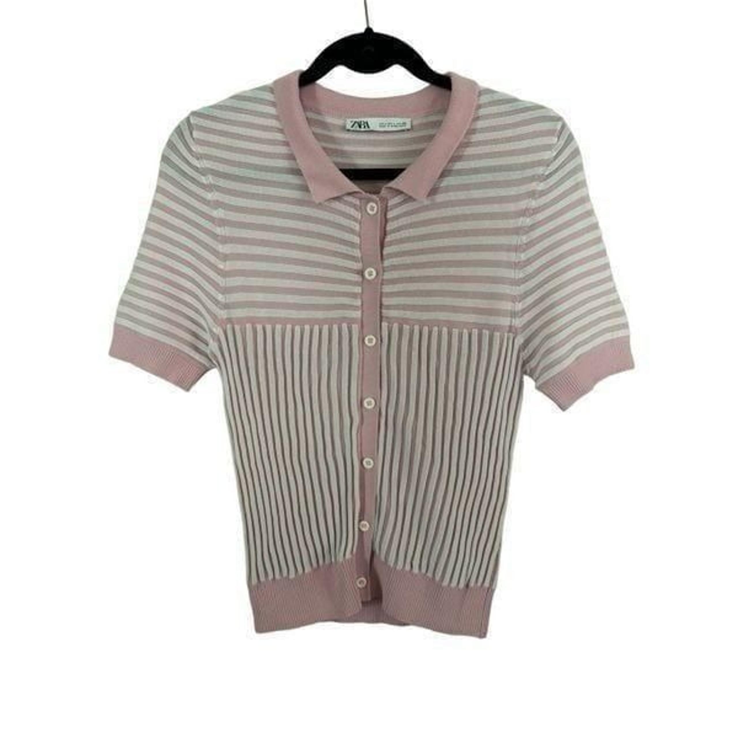 Zara SZ Large Pink & White Striped Ribbed Button Collared Sweater Shirt Coquette