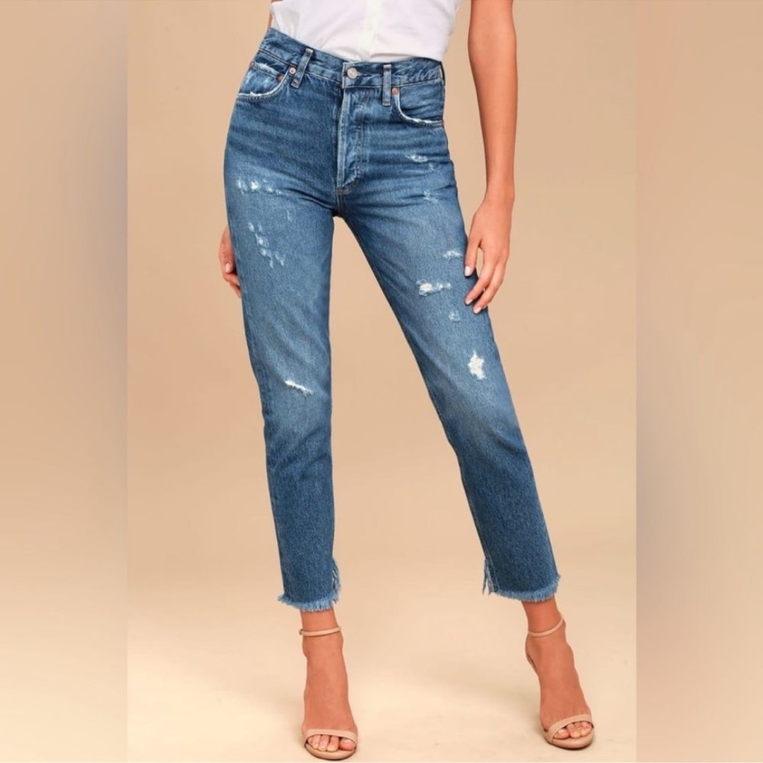 AGOLDE Jamie High Rise Medium Wash Distressed Cropped Jeans Size 26