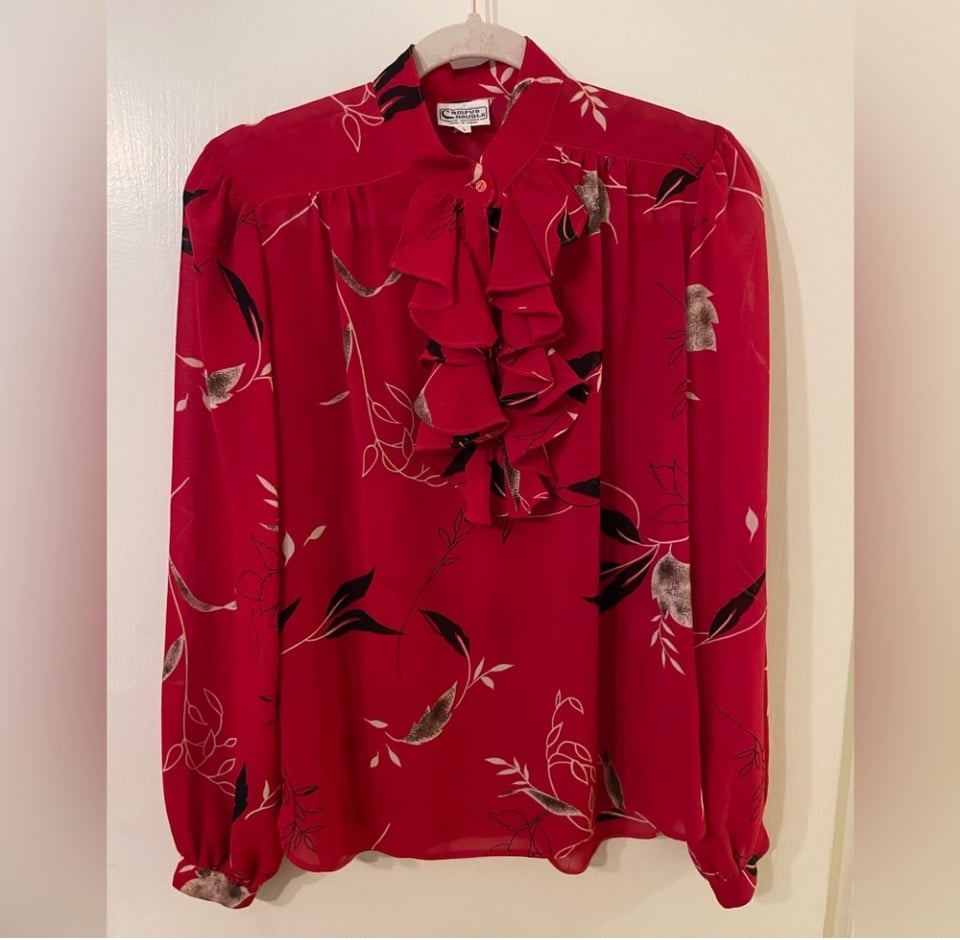 Vintage Campus Casuals Red Print Lightweight Ruffle Blouse Sz L