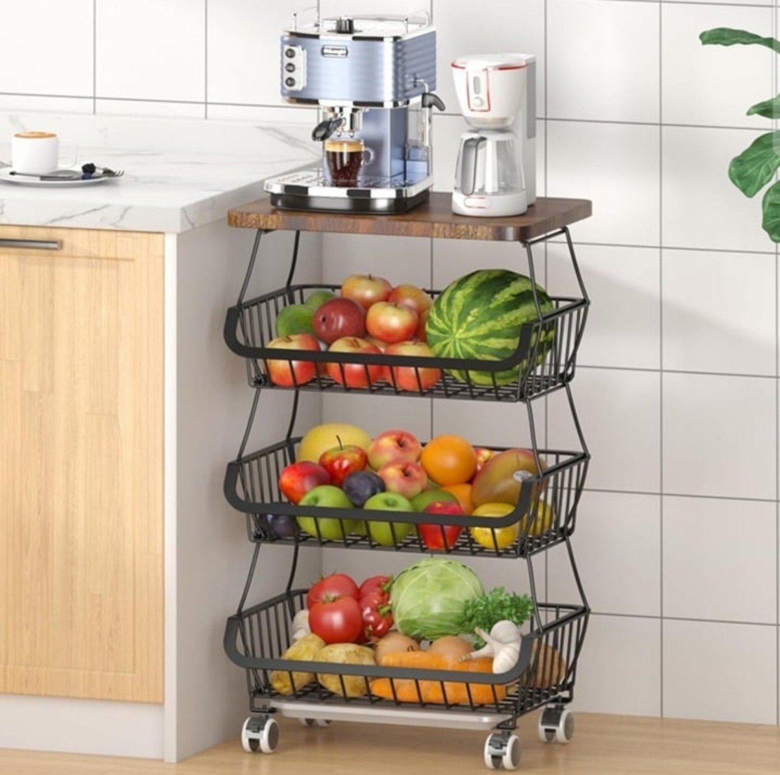 NEW Fruit Basket with Wooden Lid for Kitchen, 4-Tier Stackable Wire Fruit Basket