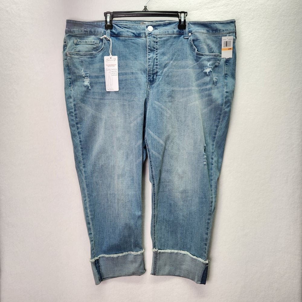 Seven7 Distressed Light Wash Cuffed Cropped Jeans Plus Size Stretch Denim 24W