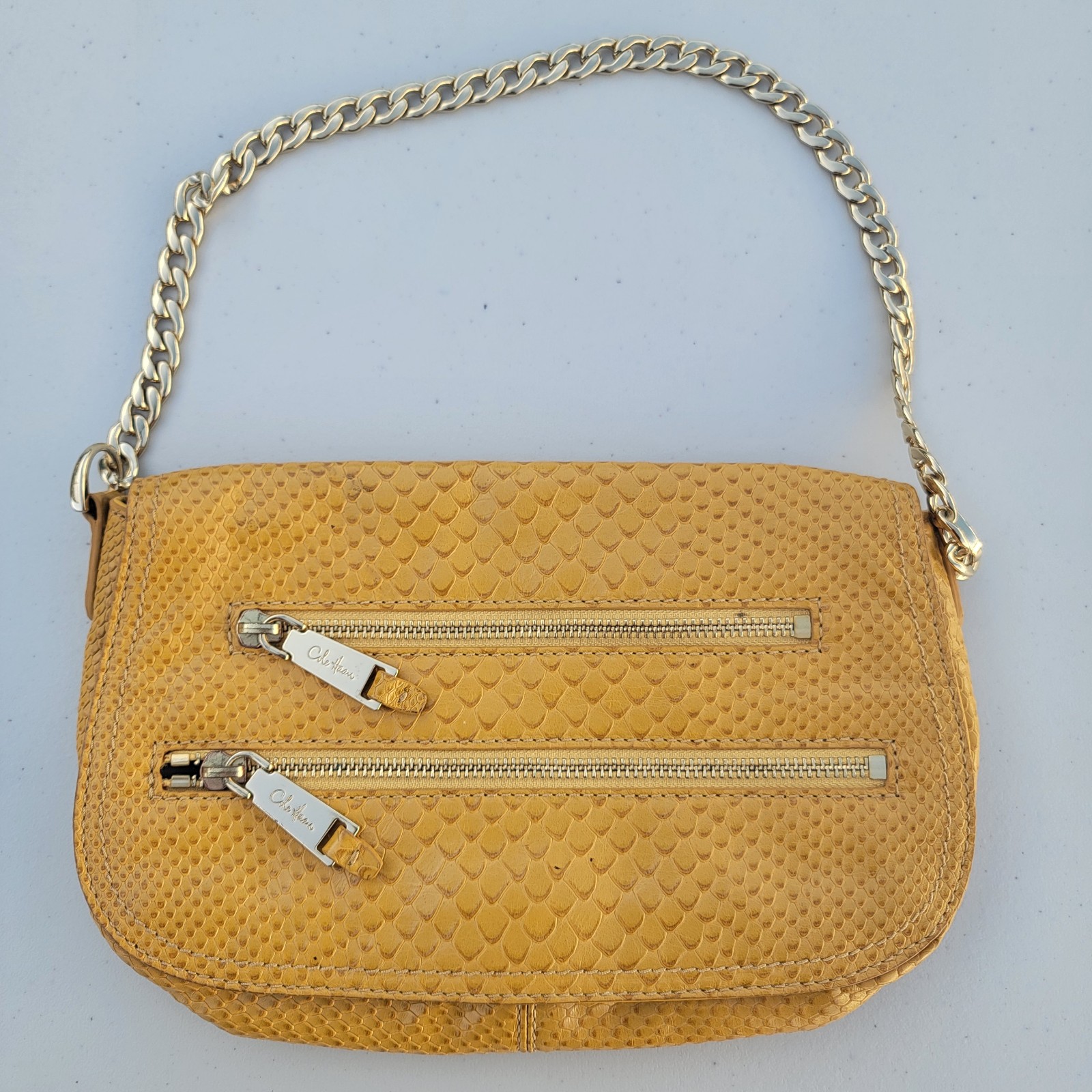 Cole Haan Handbag Gold Yellow Chain Strap Small Bag Magnetic Closure 2 Zip