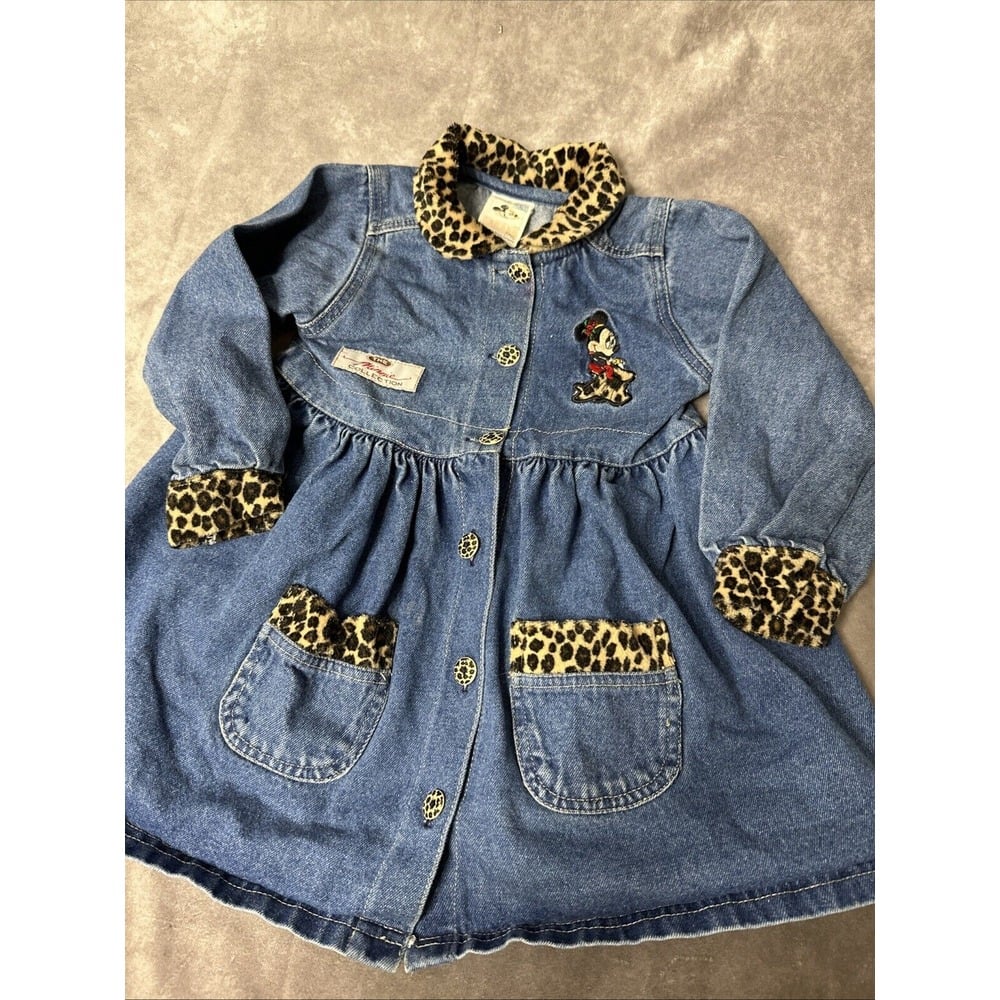 Rare Disney The Minnie Collection Denim Dress 3T Leopard Collar & Cuffs