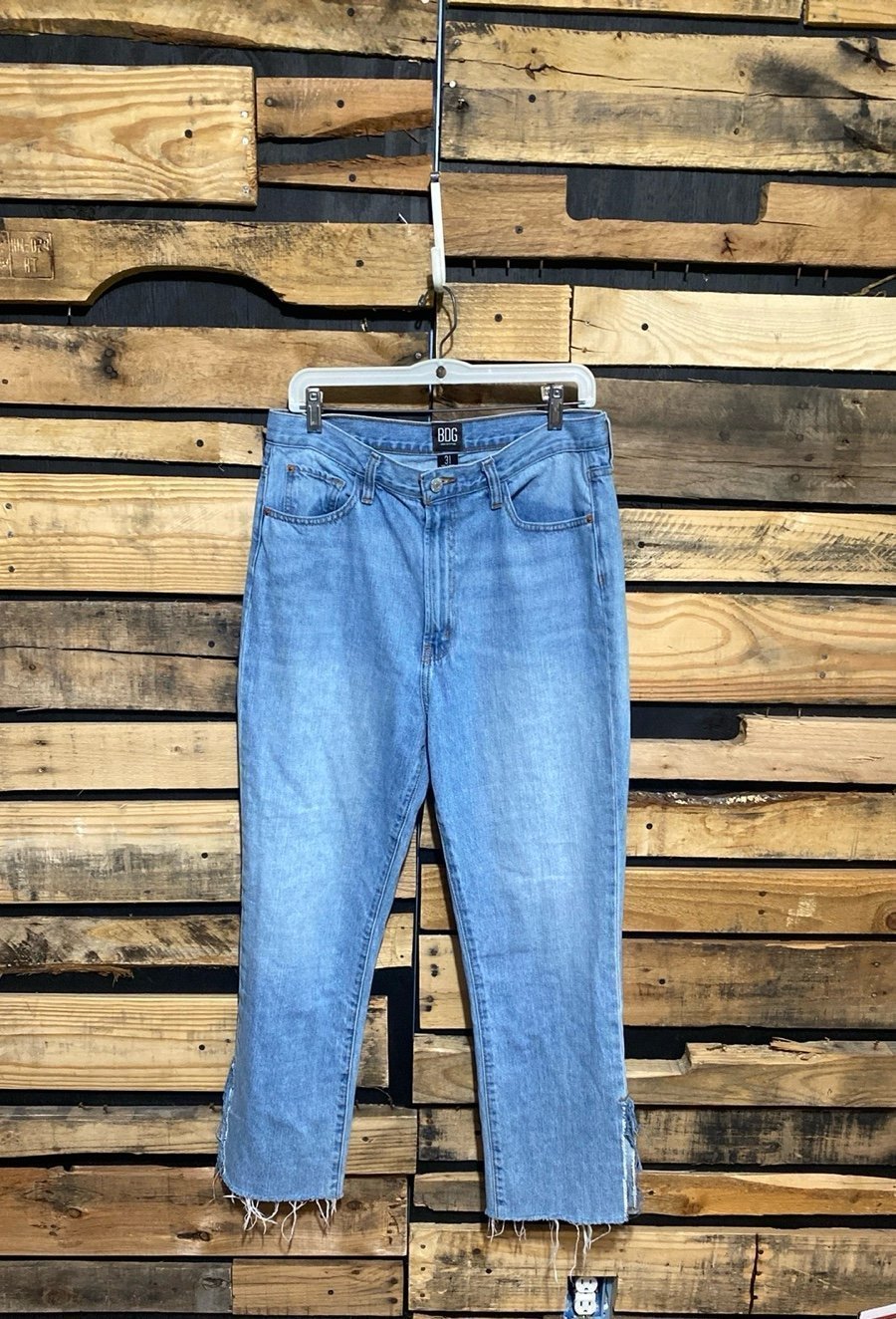 UO BDG Skylar Split Ankle Slim Flare Raw Hem High Rise Light Wash Denim Jeans